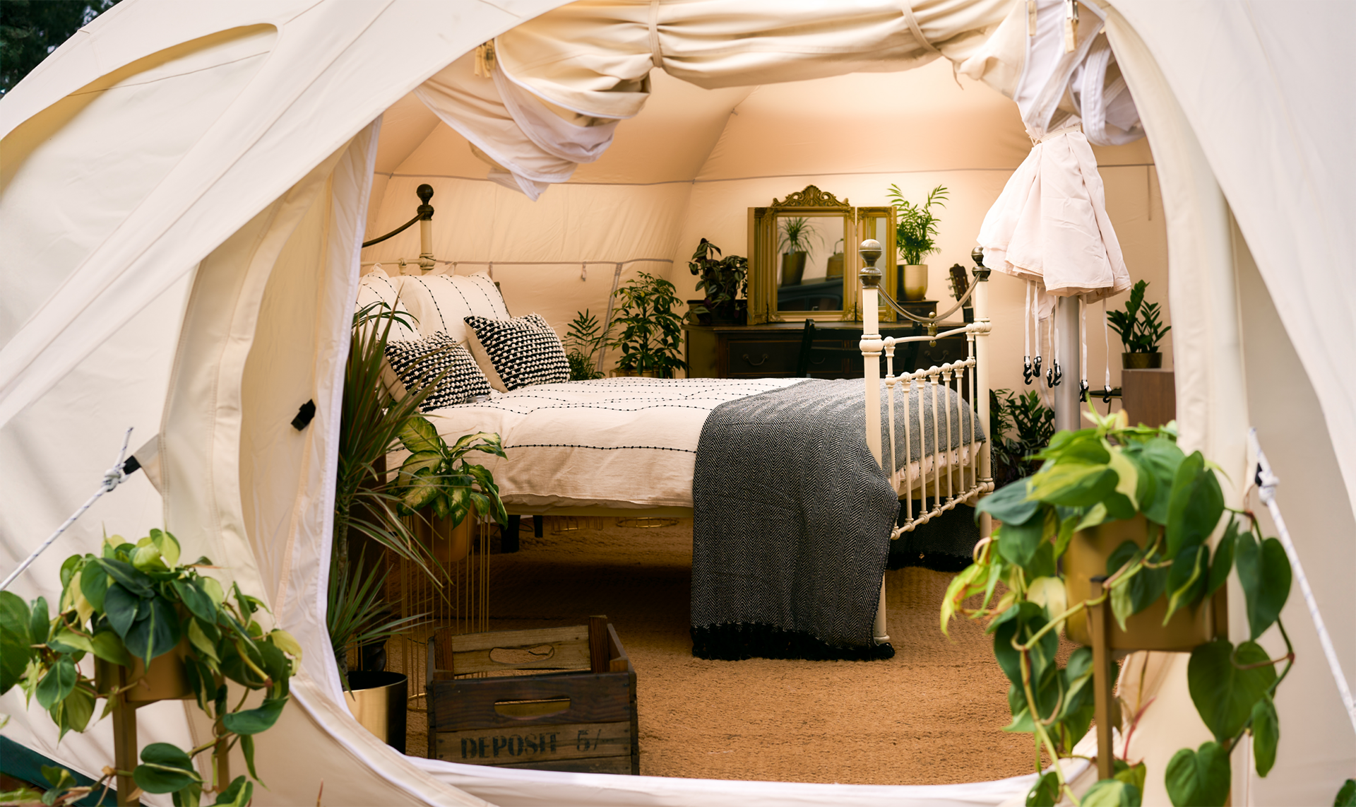 Inside Orchard Blossom Bell Tent. Worcestershire Glamping